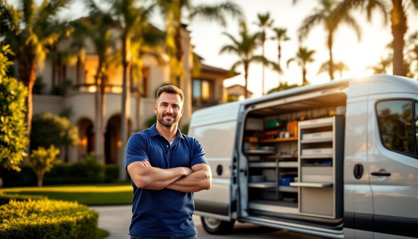 Professional contractor with work van in front of Beverly Hills home