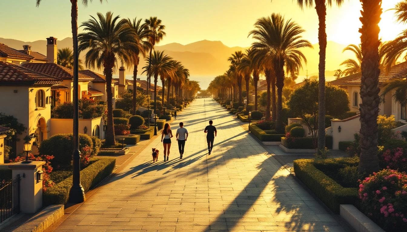 Beautiful Beverly Hills neighborhood at golden hour with palm trees and luxury homes