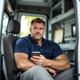 Contractor reviewing a job on his phone in his work van